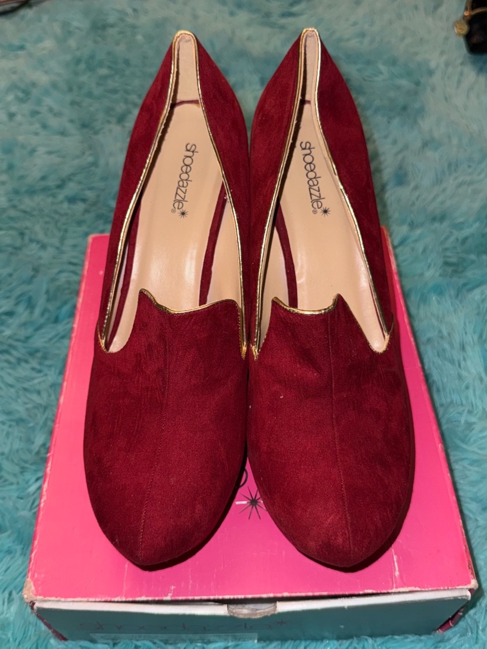 Shoe Dazzle Women's Wine Red Pointed Loafers with Gold Accent
